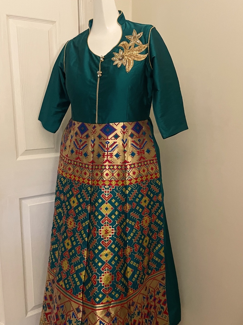 Teal Maxi Dress with Gold Embroidered Bodice and Printed Skirt